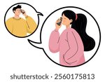 Happy woman chatting on mobile phone, showing man in conversation within thought bubble.