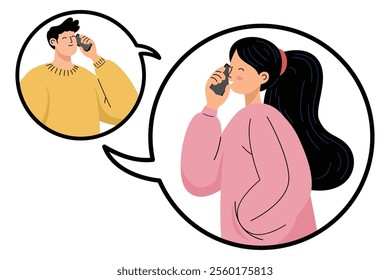 Happy woman chatting on mobile phone, showing man in conversation within thought bubble.