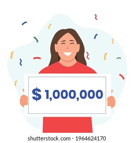 Happy woman with check for one million dollars in hands. Win lottery,winner.Money and business, finance success rich, lottery and award, vector illustration