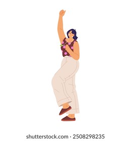 Happy woman cheering and celebrating raising hands up, flat cartoon vector illustration. Isolated female character dancing in delight and joy, happiness expression and hurrah smiling