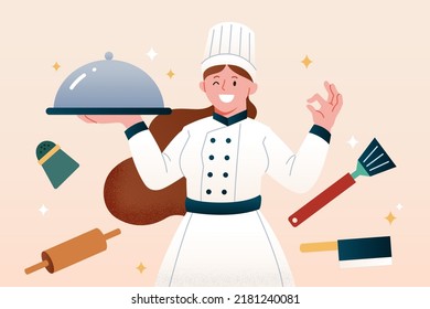 Happy woman chef in uniform holding dish with cooking tools around her, flat illustration.