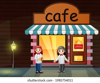 Happy the woman chefs in front the cafe