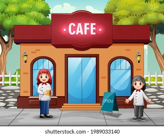 Happy the woman chefs in front the cafe