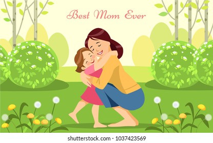 Happy woman and child in the blooming spring garden.Mothers day holiday concept. Vector illustration