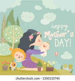 Happy woman and children in the blooming spring garden
