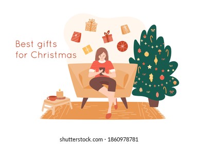 Happy woman chooses gifts in an online store. Christmas and New Year shopping concept, gifts fly on abstract shape of thoughts. Girl sitting on chair and using smartphone. Character design.