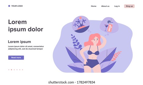 Happy woman choosing between tropical island and cocktail. Beach, bar, resort flat vector illustration. Choice, summer vacation concept for banner, website design or landing web page