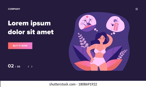 Happy woman choosing between tropical island and cocktail. Beach, bar, resort flat vector illustration. Choice, summer vacation concept for banner, website design or landing web page