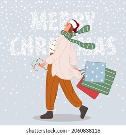 Mujer feliz con regalos de Navidad. Mujer con sombrero de santa sobre fondo de nieve Feliz Navidad. Ilustración vectorial en estilo de dibujos animados planos