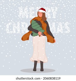 Happy woman with Christmas tree. Female wearing in santa hat on snow background Merry Christmas concept. Vector illustration in flat cartoon style