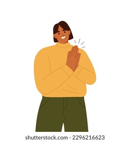 Happy woman clapping his hands gesture of admiration cheers. Flat vector illustration isolated on white background
