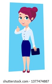 Happy woman in classic clothes with 
folder in the hand. Vector illustration.