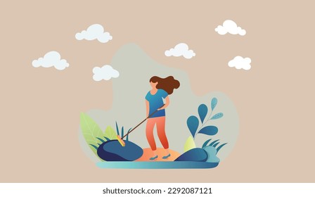 Happy woman cleaning up city street. Young ecologist, volunteer or eco activist picking up and disposing garbage in park. Community service work. Flat cartoon vector illustration. Earth day