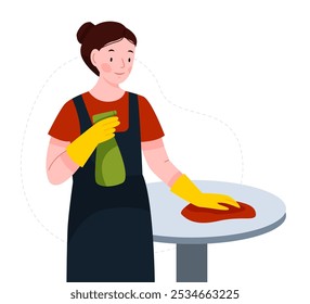 Happy woman cleaning home. Woman washing the table. Young girl makes housework. Professional house cleaning service. Vector flat illustration.