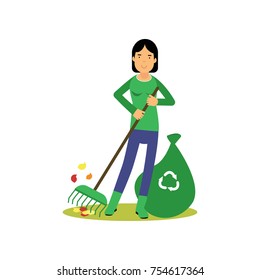 Happy woman cleaning and raking leaves. Contributing into environment preservation. People who protect nature. Volunteer male, ecology, ecological concept. Flat character vector isolated on white.