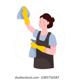 Mujer feliz limpiando. La chica joven hace las tareas domésticas. Servicio profesional de limpieza. Ilustración plana vectorial.