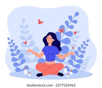 Mujer feliz con ojos cerrados en posición de loto meditando ilustración vectorial. Naturaleza, meditación, calma, concepto de salud mental