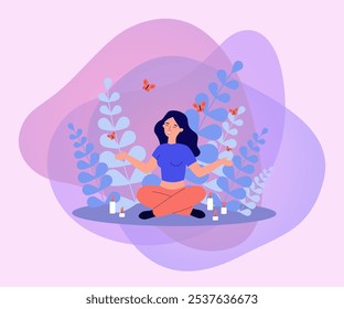 Happy woman with closed eyes in lotus position meditating vector illustration. Nature, meditation, calmness, mental health concept