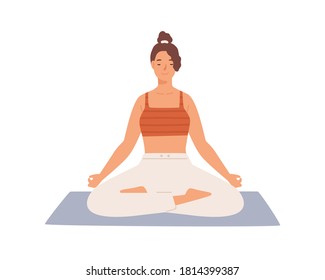 Happy woman with closed eyes sitting in lotus position practicing yoga vector flat illustration. Smiling female with crossed legs meditating on mat isolated on white. Relaxed person enjoying leisure