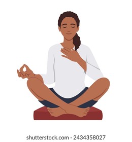 Mujer feliz con los ojos cerrados sentada en posición de loto practicando yoga. Ilustración vectorial plana aislada sobre fondo blanco