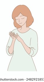 Happy woman closing eyes and smiling, applauding after successful task, thanking, showing appreciation at event. Hand drawn flat cartoon character vector illustration.