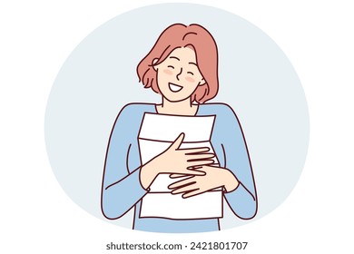 Happy woman clutches to chest paper letter from boyfriend or family rejoicing at information received. Girl hugging document about career advancement or salary increase. Flat vector illustration