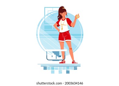 Happy woman coaches and swimmers with stopwatch for training. Isolated concept smiling female mentors for sportsmen in swimming pool. Vector illustration.