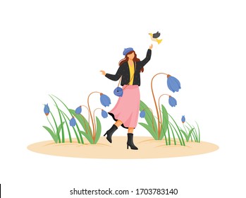 Happy woman in coat flat concept vector illustration. Female walk and pose in spring outfit with bird on hand. Flowers blossom 2D cartoon character for web design. Spring creative idea