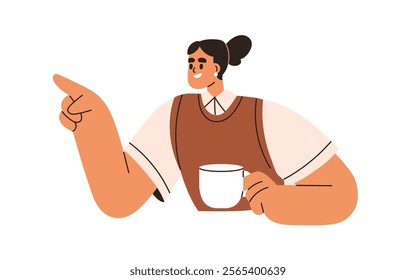 Happy woman with coffee cup, pointing with finger during communication at work. Smiling female employee, office worker talking on tea break. Flat vector illustration isolated on white background