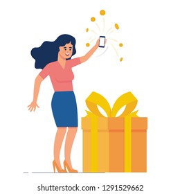 Happy woman collect point and reward from e commerce, woman holding phone collect point from shopping online, reward and point as a gift from marketplace.