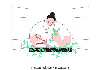 Happy woman collects greens for salad grown on the windowsill. Concept of Mini Farming superfood at home for yourself and Self-Sufficiency. Flat Art Vector Illustration