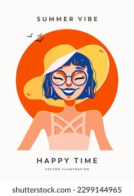 Happy woman of color vector illustration. Summer vibe, happy time editable template poster of summer girl with hat and glasses.