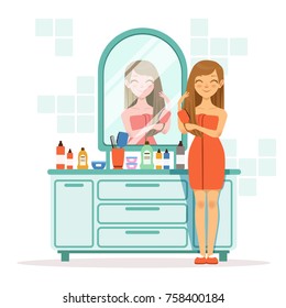 Happy woman combing hair a front of mirror. Girl with comb in bathroom, vector morning combing illustration