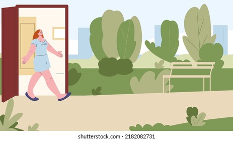 Happy Woman Coming Out Home Walk In Park. Young Girl Leave Office Work And Start Freelance, Freedom Metaphor. Fresh Air Walking After Disease Vector Concept