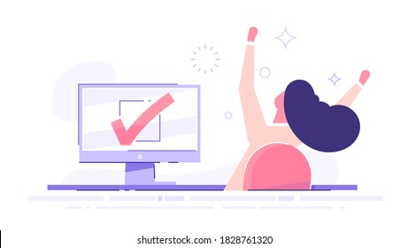 Happy woman completed task and triumphing with raised hands on the her workplace.  Successful well done work. Completed task. modern vector illustration.