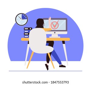 Happy woman completed task and triumphing with raised hands on the his workplace. Successful well done work. Completed task. modern vector illustration.