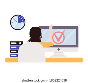 Happy woman completed task and triumphing with raised hands on the her workplace. Successful well done work. Completed task. modern vector illustration.