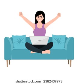 Happy woman completed task and triumphing with raised hands on the her workplace. Successful well done work. Completed task. modern vector illustration.