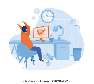 Happy woman completed task and triumphing with raised hands on the his workplace. flat vector modern illustration