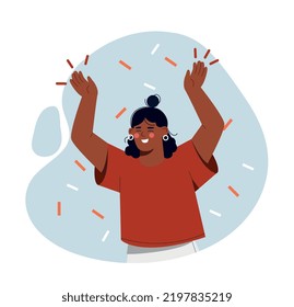 Happy woman concept. Girl smiles and pulls her hands up. Lottery winner accepts congratulations. Advertising poster or banner for website. Positivity and optimism. Cartoon flat vector illustration