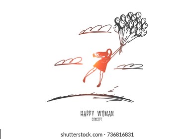 Happy woman concept. Hand drawn cheerful young woman with balloons flying and laughing. Attractive girl having fun outside isolated vector illustration.