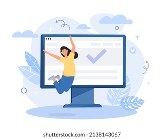 Happy woman concept. Young girl jumps on background of computer monitor. Character successfully passed test or exam. Distance learning and education, accepted. Cartoon flat vector illustration