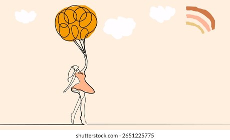 Happy Woman Continuous Line Drawing. Abstract Female Vector Silhouette with Balloons in Hand One Line Drawing. Woman Holiday Minimalist Concept, Feminism Modern Contemporary Art Concept. Not AI