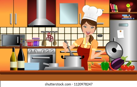 Happy Woman Cook in a Modern Kitchen