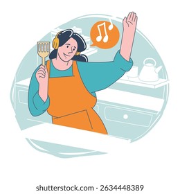 Happy woman cooking and dancing with headphones in kitchen