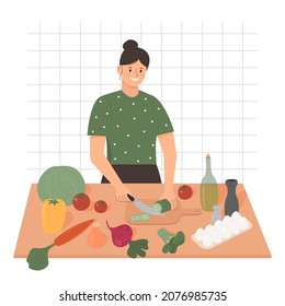 Happy woman cooking healthy dinner flat vector illustration. Cute female character preparing vegetable salad. Healthy diet concept. Girl cutting cucumber for a meal