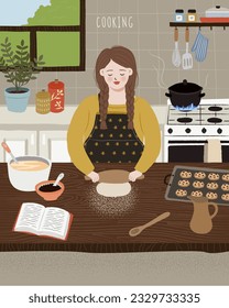 Happy woman cooking at home. Smiling female character. Making a dough rolling on wooden table. Baking cookies. Bowl, Homemade food, Dinner, Cozy kitchen. Hand drawn style. Flat vector illustration.