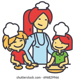 Happy woman cooking with kids, mother with daughter and son on kitchen, bakery family concept. Line vector icon. Editable stroke. Flat linear illustration isolated on white background