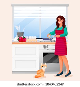 Happy woman cooking scrambled eggs in kitchen. Young girl with red cat makes tasty breakfast. Vector characters illustration. Home meal recipes, leisure lifestyle and time at home concept
