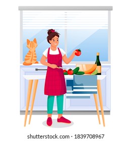 Happy woman cooking vegetable salad in kitchen. Young girl with red cat makes healthy dietic lunch or dinner. Vector illustration. Home meal recipes, leisure lifestyle and time at home concept